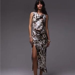 & Other Stories Sleeveless Satin Midi/Maxi Dress Cowl Neck Cow Print NWT Sz 8